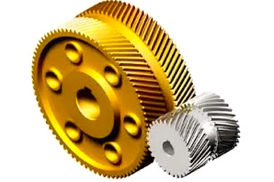 A five-axis CNC machine tool is performing high-precision helical gear machining, showcasing a modern automated manufacturing environment.